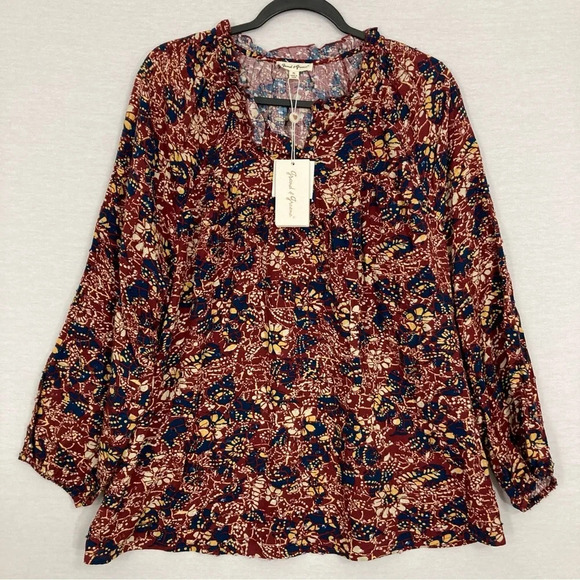 New Grand & Greene Brown Navy Floral Ultra Soft Rayon Long Sleeve Popover Top XL - Picture 1 of 9